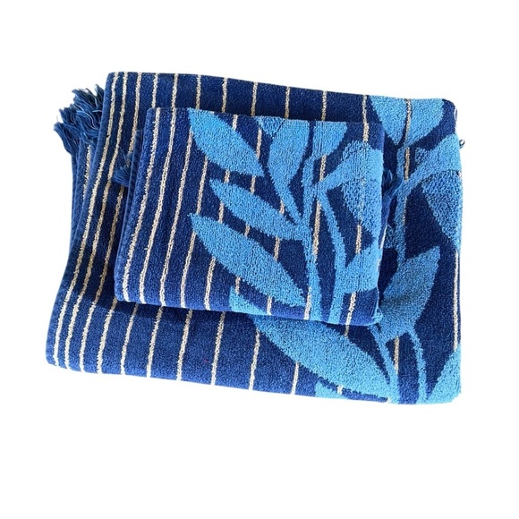 VTG Cannon Monticello Striped Leaf 2-Piece Bath Towel Set Blue MCM Retro USA GUC - Picture 7 of 10